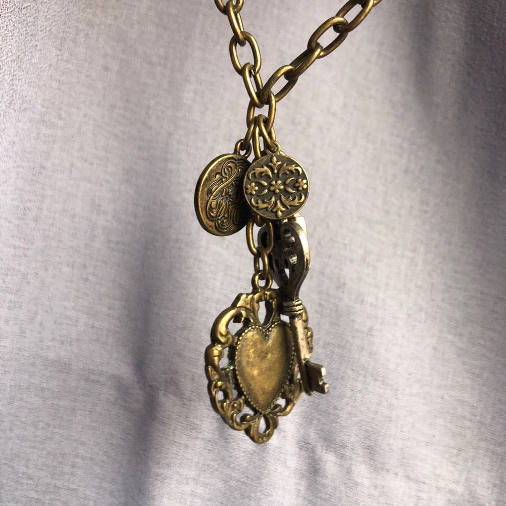Chunky multi-charm heart and key necklace